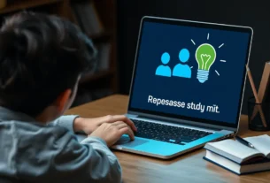 Student at desk with laptop, AI icon, books, lightbulb.