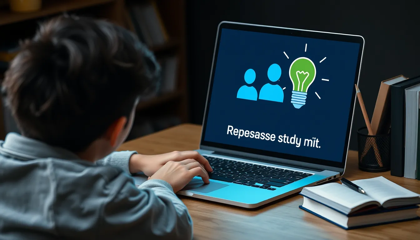 Student at desk with laptop, AI icon, books, lightbulb.