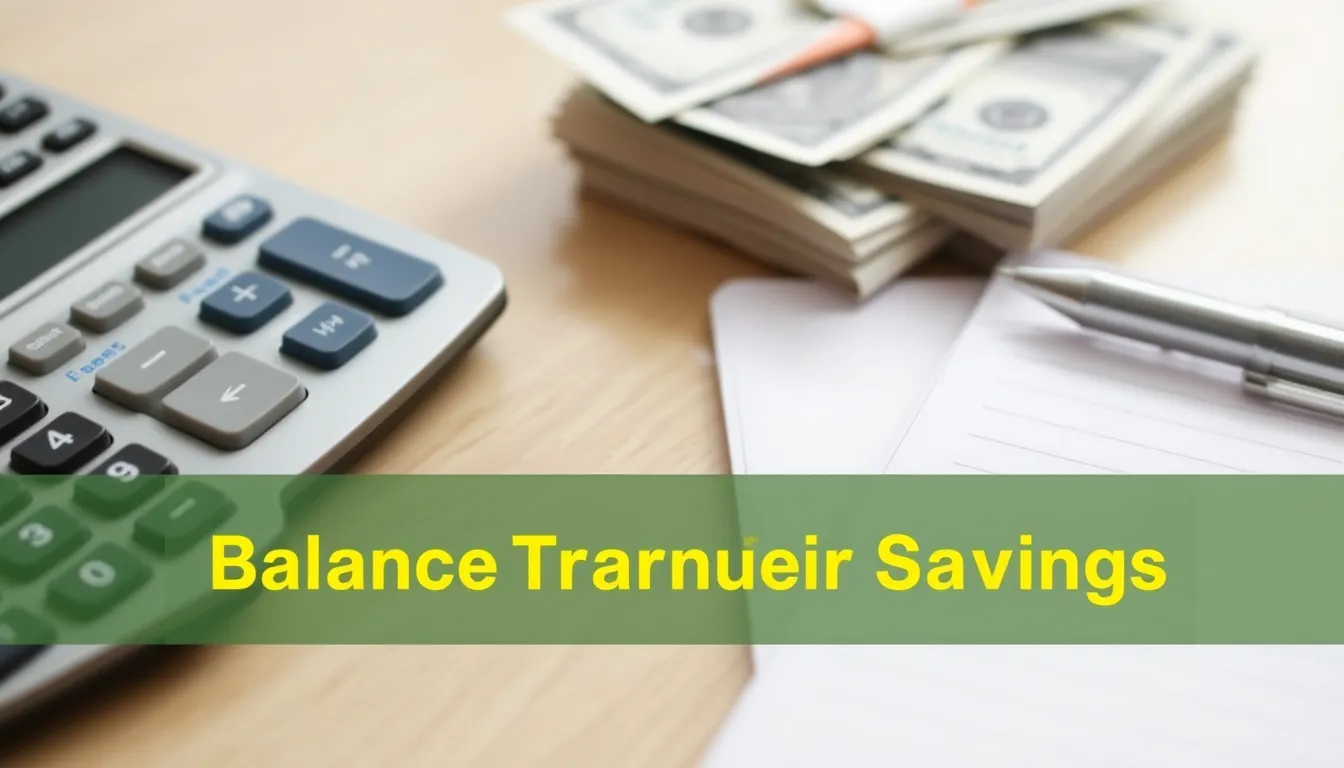 Desk with credit card, calculator, bills, and notepad representing balance transfer savings.