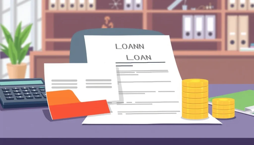 Business card, loan document, calculator, and coins on a desk in an office.