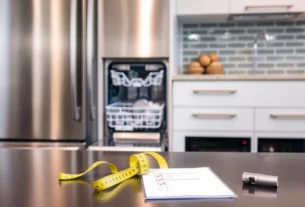 Modern kitchen with stainless steel dishwasher, measuring tape and checklist on counter.