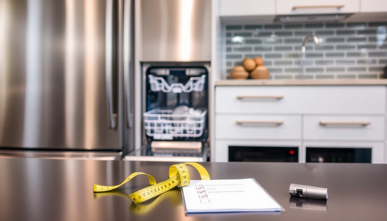 Modern kitchen with stainless steel dishwasher, measuring tape and checklist on counter.