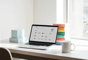 Laptop screen with subscription dashboard, boxes and coffee mug in a modern office.