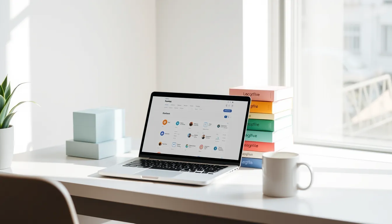 Laptop screen with subscription dashboard, boxes and coffee mug in a modern office.